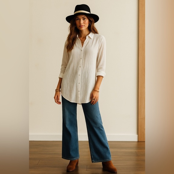 Anthropologie White Crinkle Button-Down Tunic Shirt Size S - Picture 1 of 10